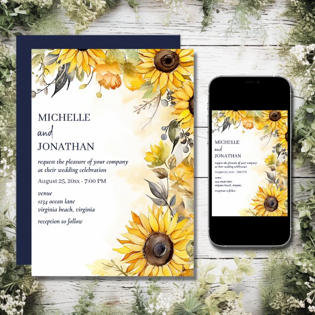 Convites Linda Watercolor Sunflower Floral Casamento (Printed and Digital - Beautiful Watercolor Sunflower Floral Wedding Invitation)