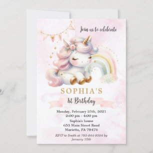 Convites Linda Watercolor Unicorn e Rainbow Birthday