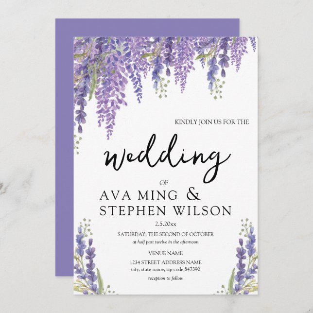 Convites Linda Wisteria tree Watercolor Casamento (Frente/Verso)