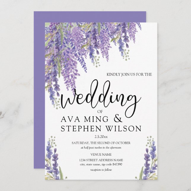 Convites Linda Wisteria tree Watercolor Casamento (Frente/Verso)