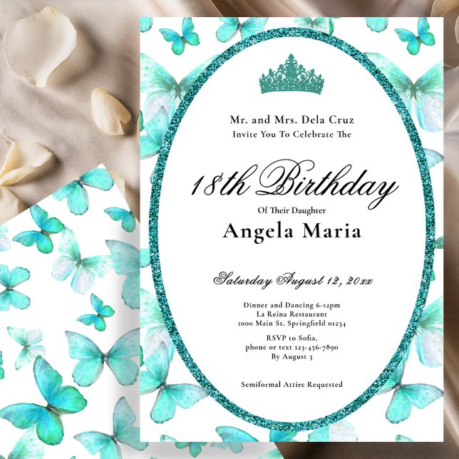 Convites Lindas Borboletas Turquesa Aniversário de 18 anos  (Criador carregado)