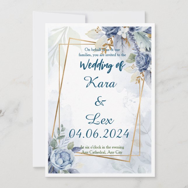 Convites Lindas Flores Azuis com Acento Dourado em Moldura  (Frente)