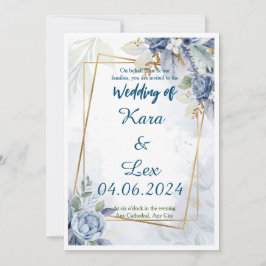 Convites Lindas Flores Azuis com Acento Dourado em Moldura 