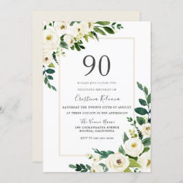 Convites Lindas Flores Brancas com Frame 90 Birthday