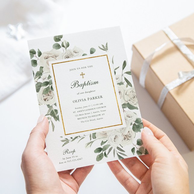 Convites Lindas Flores Brancas e Douradas | Batismo (Criador carregado)