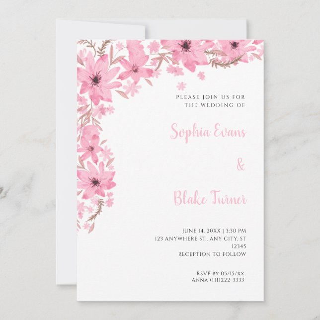 Convites Lindas Flores Cor-de-Rosa Casamento Branco Românti (Frente)