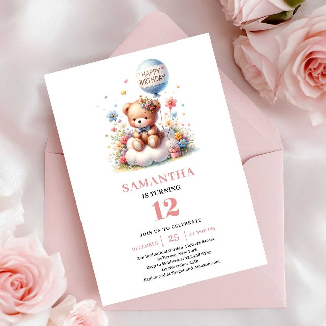 Convites Lindas flores de balão de ursinho de pelúcia menin (Pretty teddy bear balloon flowers girl birthday invitation

)