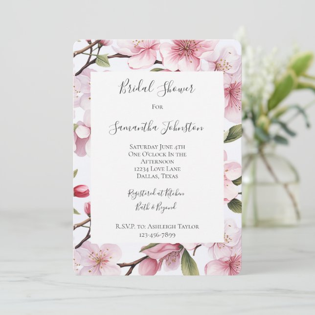 Convites Lindas Flores de Cerejeira Rosa Casamento (Em pé/Frente)