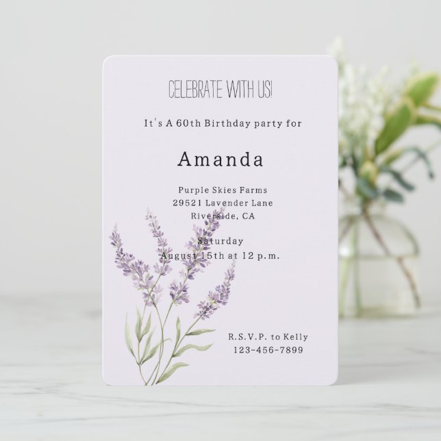 Convites Lindas Flores de Lavanda Aniversário   (Em pé/Frente)
