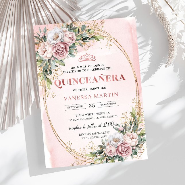 Convites Lindas Flores de Ouro Rosa Eucalipto 15º Aniversár (Lovely Rose Gold Flowers Eucalyptus 15th Birthday Invitation

)