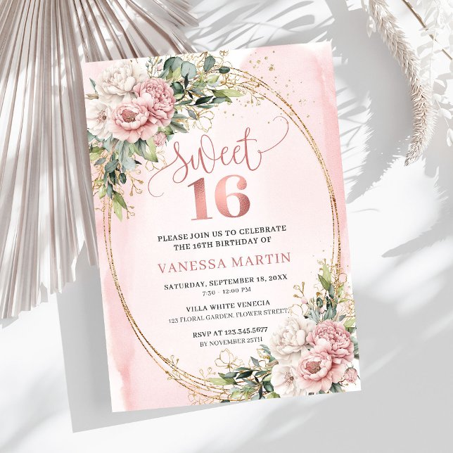 Convites Lindas Flores de Ouro Rosa Eucalipto 16º Aniversár (Lovely Rose Gold Flowers Eucalyptus 16th Birthday Invitation

)