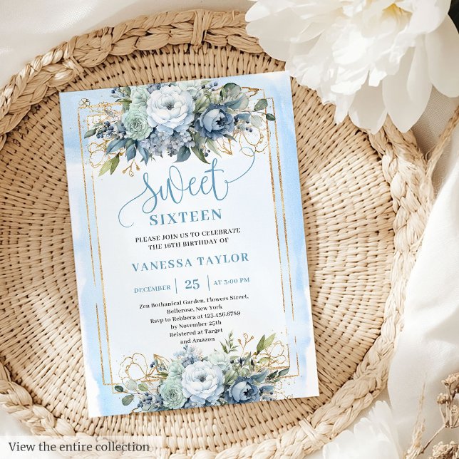 Convites Lindas Flores Douradas, Azuis, Azuis, Doce 16 (Beautiful Dusty Blue White Gold Flowers Sweet 16 Invitation)