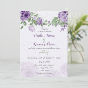 Convites lindas flores roxas folhas verdes casamento