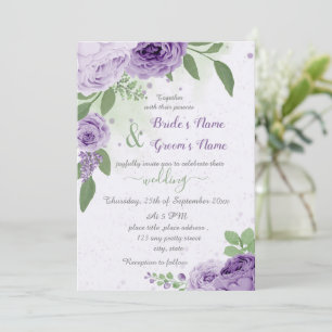 Convites lindas flores roxas folhas verdes casamento