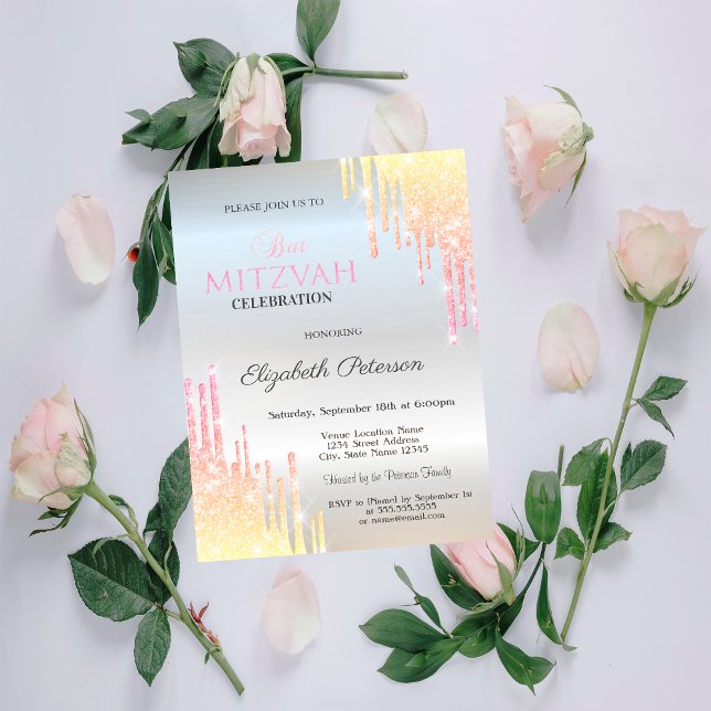 Convites Lindas Gotejados Brilho Ombre Prata Bat Mitzvah (Criador carregado)