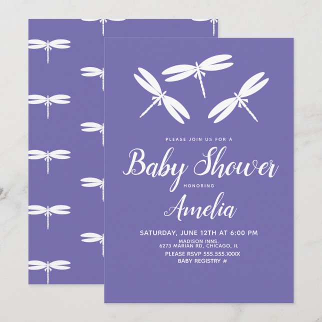 Convites Lindas Libélulas  Roxo Branco Chá de Bebê   (Frente/Verso)