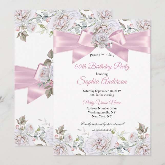 Convites Lindas Rosas Florais Rosa Branco Aniversário Festa (Frente/Verso)