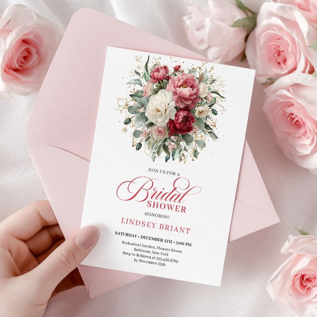 Convites Lindas Rosas Vermelhas Boêmias com Rubor Dourado p (Pretty Bohemian Red Blush Gold Roses Bridal Shower

)