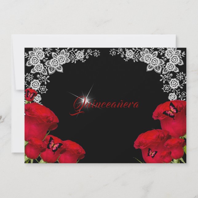 Convites Lindas Rosas Vermelhas Borboletas Quinceanera  (Frente)