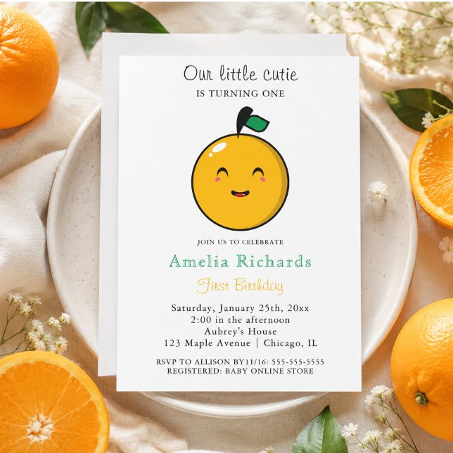 Convites Lindinha Laranja Cítrico 1º Aniversário (Little Cutie Orange Citrus 1st Birthday Invitation)