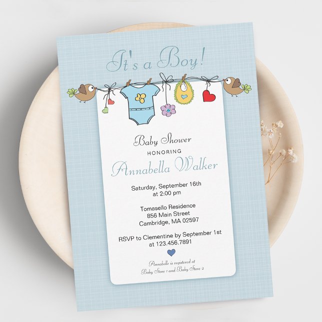 Convites Lindinho É Um Menino Varal de Roupas Baby Shower (Cute It's A Boy Clothesline Baby Shower Invitation)
