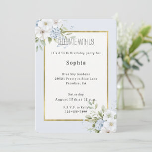 Convites Lindo Aniversário Floral Branco Azul