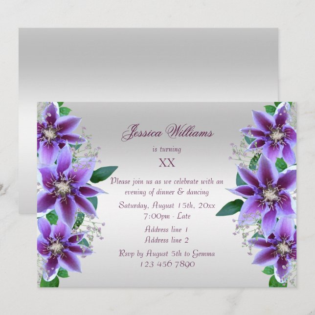Convites Lindo Aniversário Floral de Clematite Roxa (Frente/Verso)