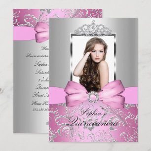 Convites Lindo Arco de Prata Rosa e Tiara Quinceanera