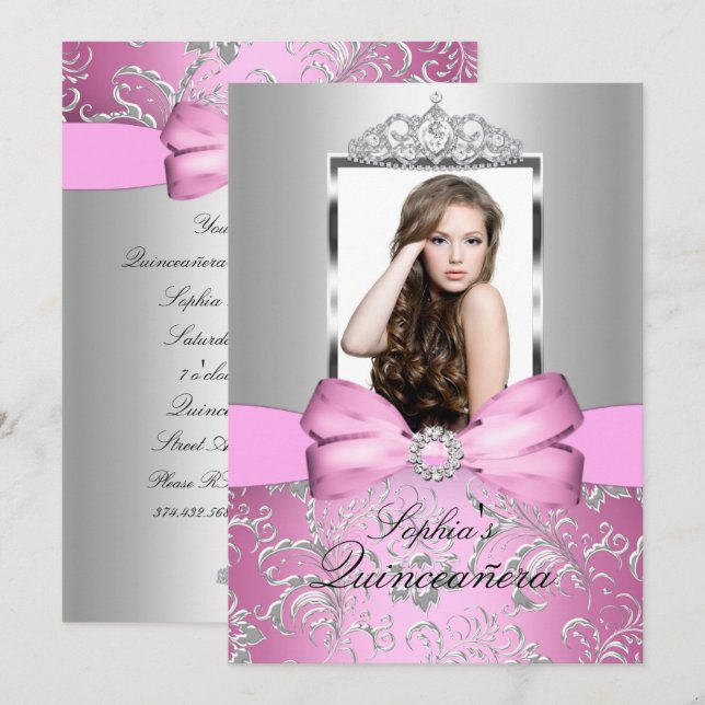 Convites Lindo Arco de Prata Rosa e Tiara Quinceanera (Frente/Verso)