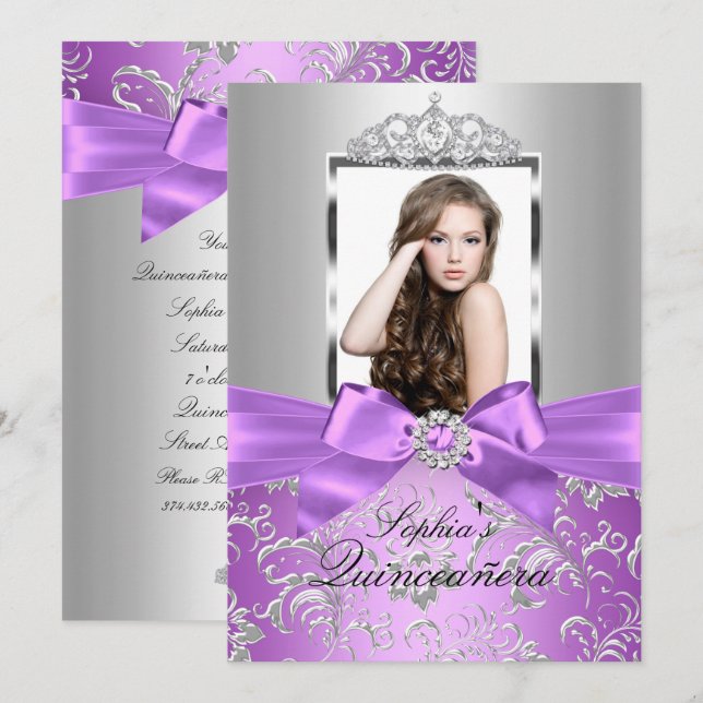 Convites Lindo Arco e Tiara de Prata Roxo Quinceanera (Frente/Verso)
