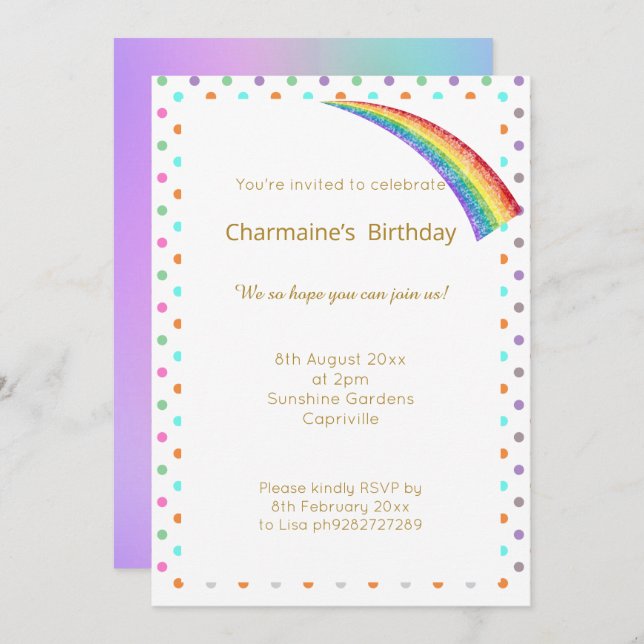 CONVITES LINDO ARCO-ÍRIS MANCHA ARCO-ÍRIS PARA TODAS OCASIÕ (Frente/Verso)