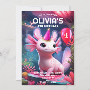 Convites Lindo Axolote Rosa Menina de Aniversário
