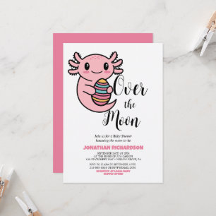 Convites Lindo Axolote sobre a Lua Segurando Ovo de Páscoa