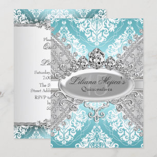 Convites Lindo Azul Prata Damask & Tiara Quinceanera