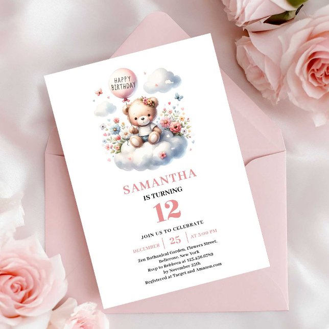 Convites Lindo balão de urso de pelúcia menina das flores a (Lovely teddy bear balloon flower girl birthday invitation

)