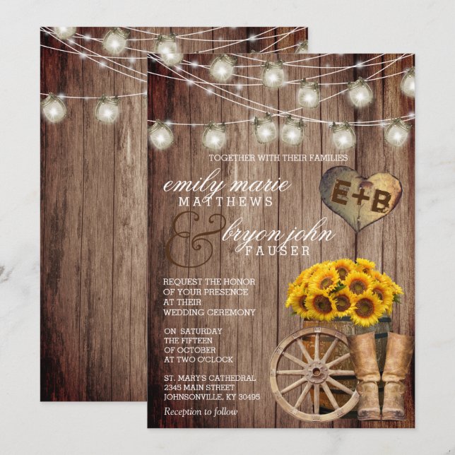 Convites Lindo barril de madeira russa e girassóis (Frente/Verso)