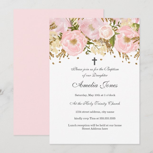 Convites Lindo Batismo Floral Rosa Bege Dourado Menina (Frente/Verso)