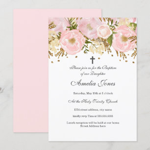 Convites Lindo Batismo Floral Rosa Bege Dourado Menina