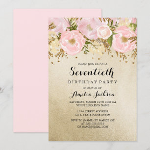 Convites Lindo Beijo Dourado Rosa Floral 70º Aniversário