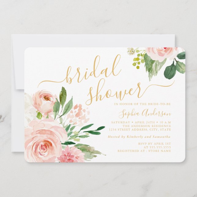 Convites Lindo Blush Dourado Floral Chá de Noiva (Frente)