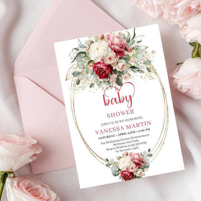 Convites Lindo Boho Rubi Vermelho Blush Eucalipto Floral Be (Lovely Boho Ruby Red Blush Eucalyptus Floral Baby Invite)