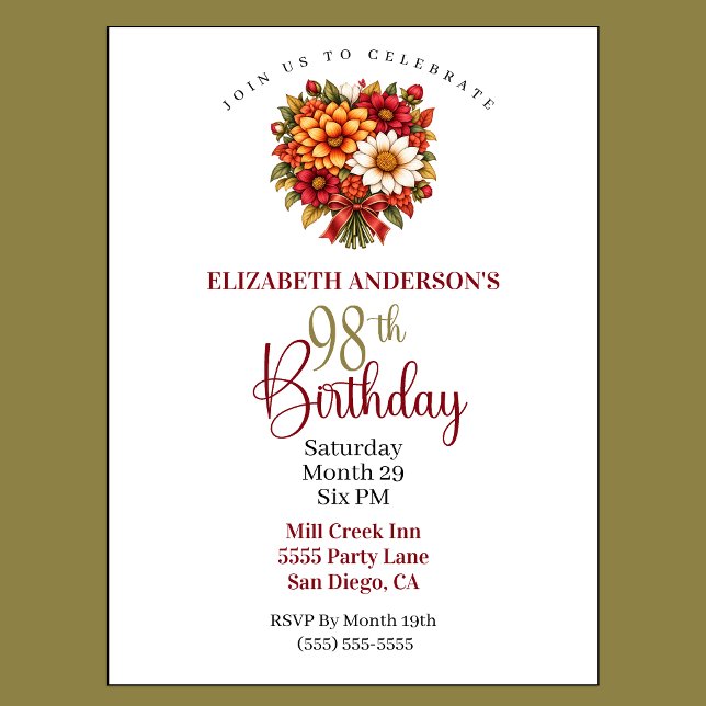 Convites Lindo Buquê de Flores de Outono para 98º Aniversár (Pretty Autumn Flower Bouquet 98th Birthday Invitation For Women.)