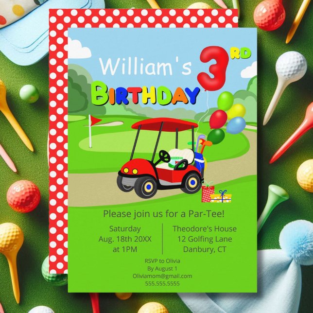 Convites Lindo carrinho de golfe vermelho para menino de 3  (Criador carregado)