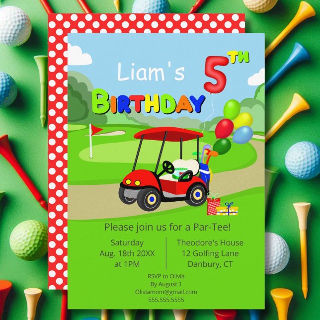Convites Lindo carrinho de golfe vermelho para menino de 5  (Criador carregado)