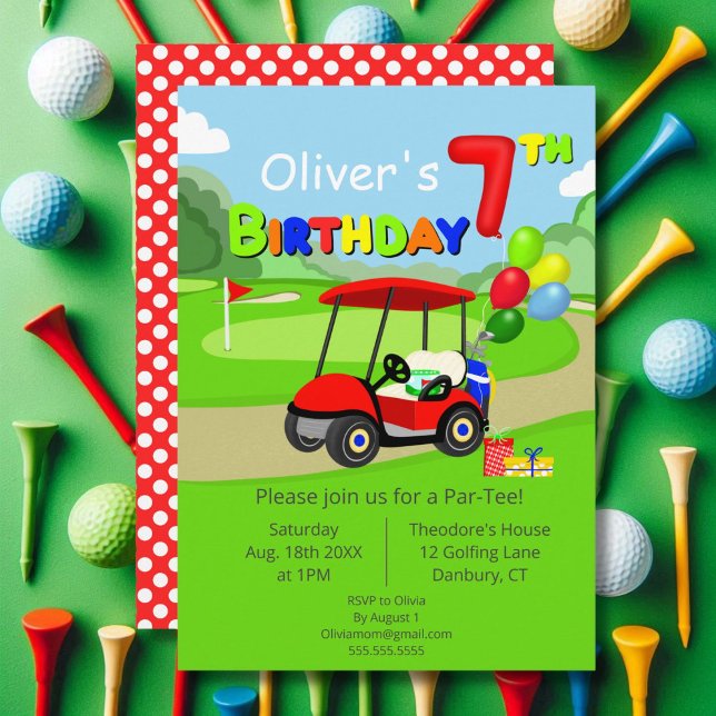 Convites Lindo carrinho de golfe vermelho para menino de 7  (Criador carregado)