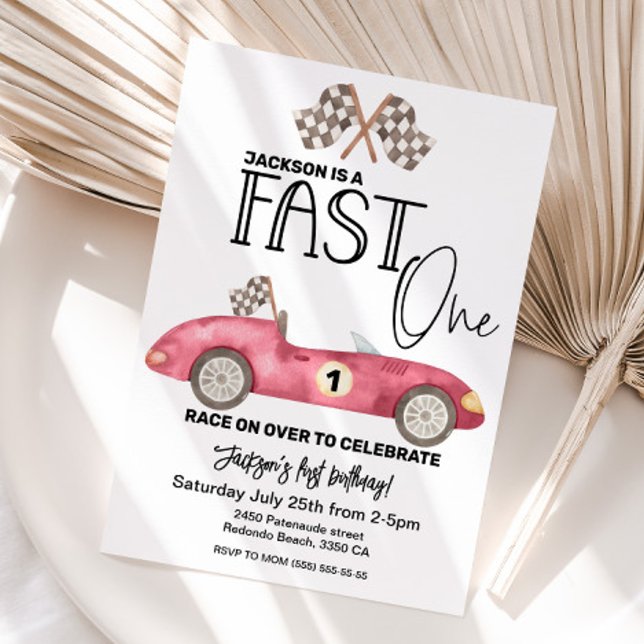 Convites Lindo CARRO de corrida vermelho FAST ONE para 1º a (Fast one birthday invitation, red race car, 1st birthday)