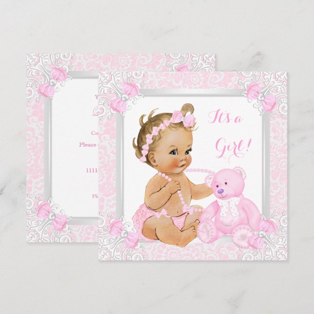 Convites Lindo Chá de Bebê Menina Bebê Renda Urso Loira Beb (Frente/Verso)