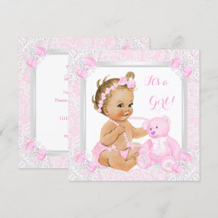 Convites Lindo Chá de Bebê Menina Bebê Renda Urso Loira Beb