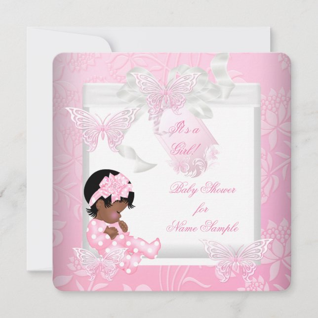 Convites Lindo Chá de Bebê Menina Fofo Borboleta Rosa AA (Frente)