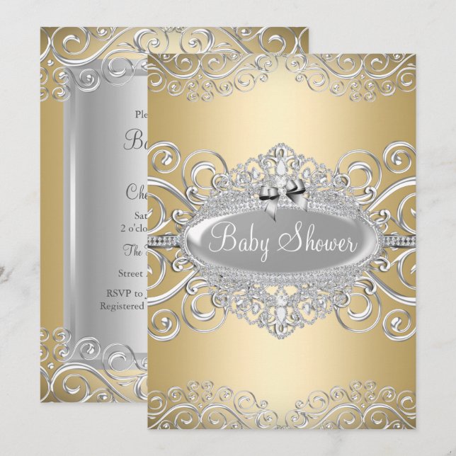 Convites Lindo Chá de Bebê Princesa Dourado e Prata Damask (Frente/Verso)